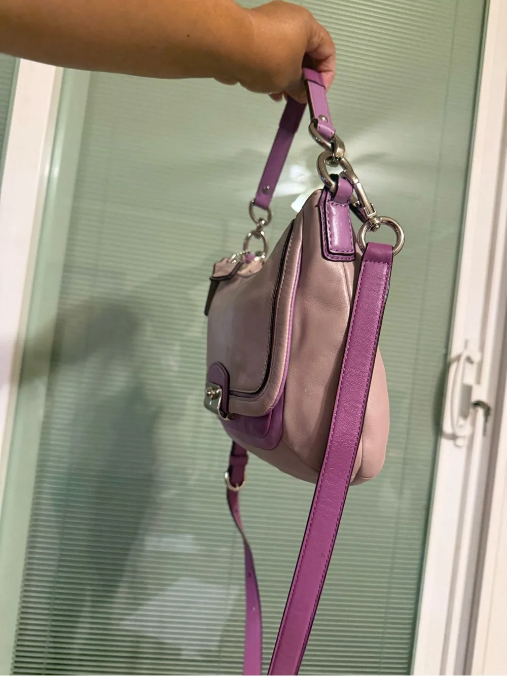 Coach Pink Leather Shoulder Bag with Purple Trim